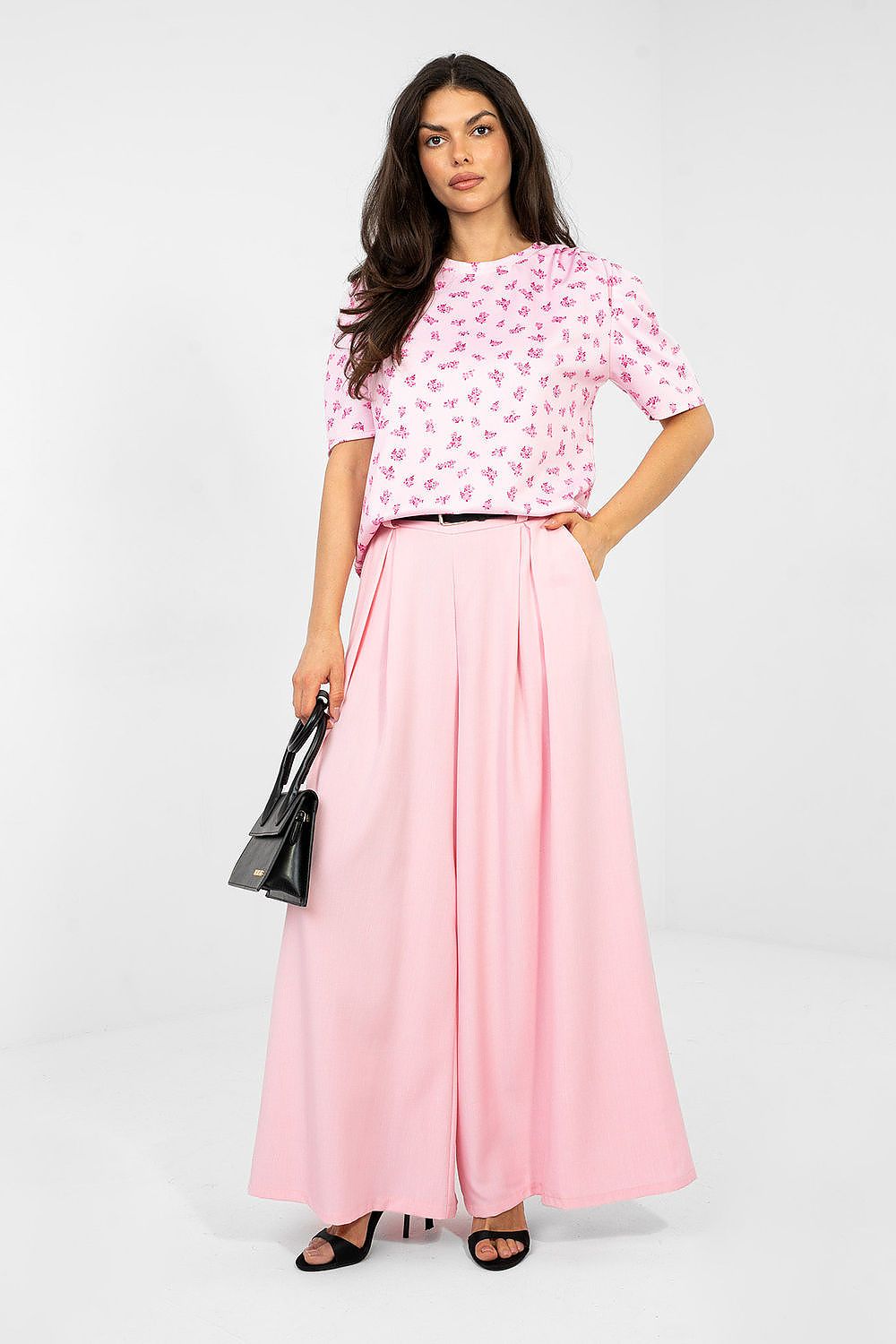 Pink floral short-sleeve blouse with round neckline, front view