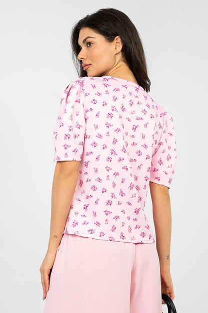 Pink floral short-sleeve blouse with round neckline, back view