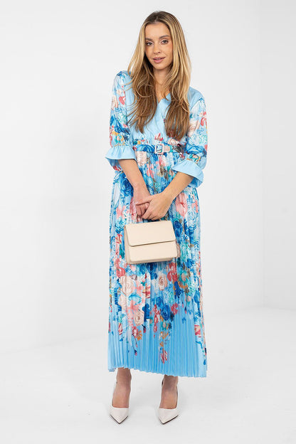 Blue floral daydress with puff sleeves, gathered waist, pleated skirt, belt
