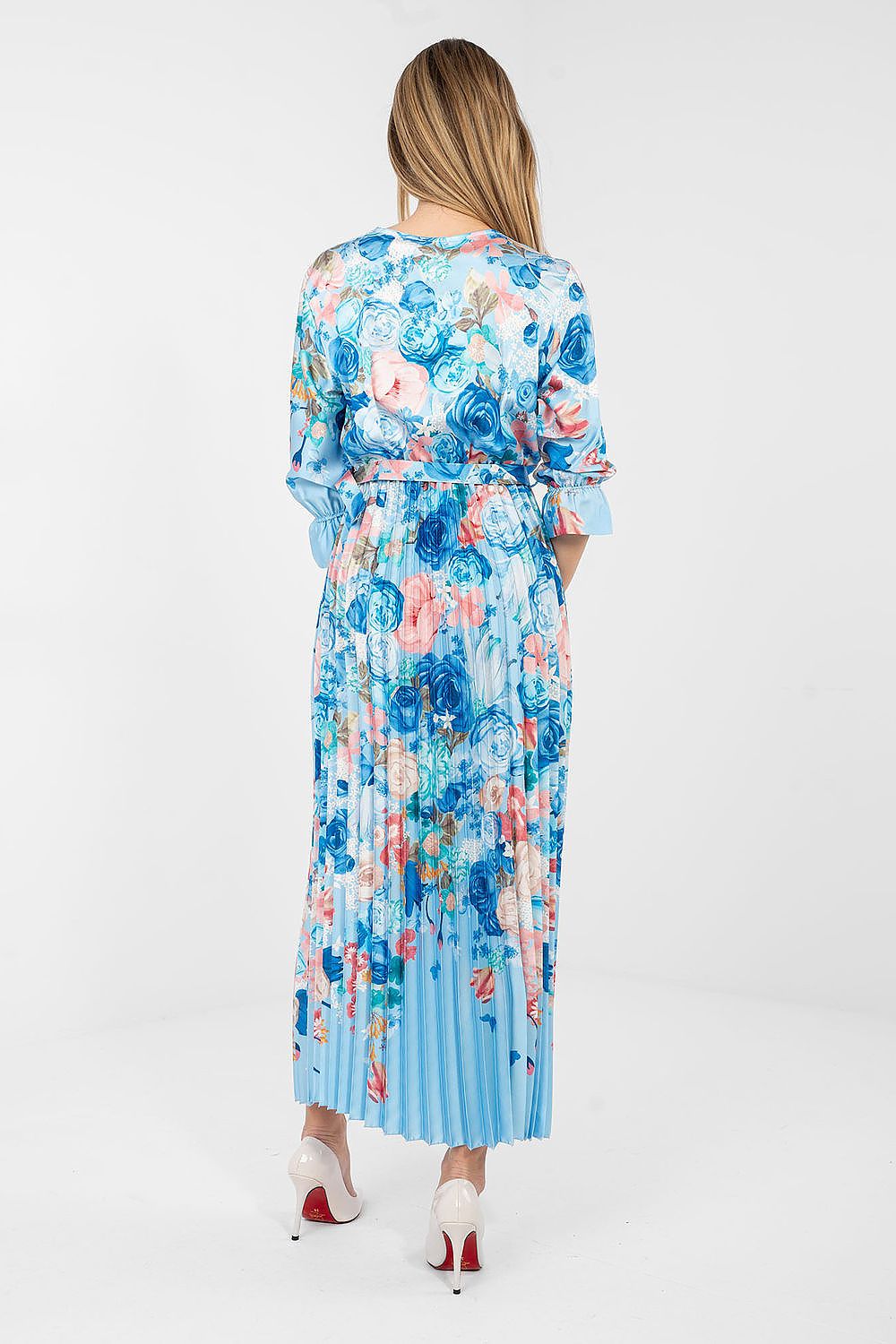 Blue floral daydress, back view with long pleated skirt and belt tie