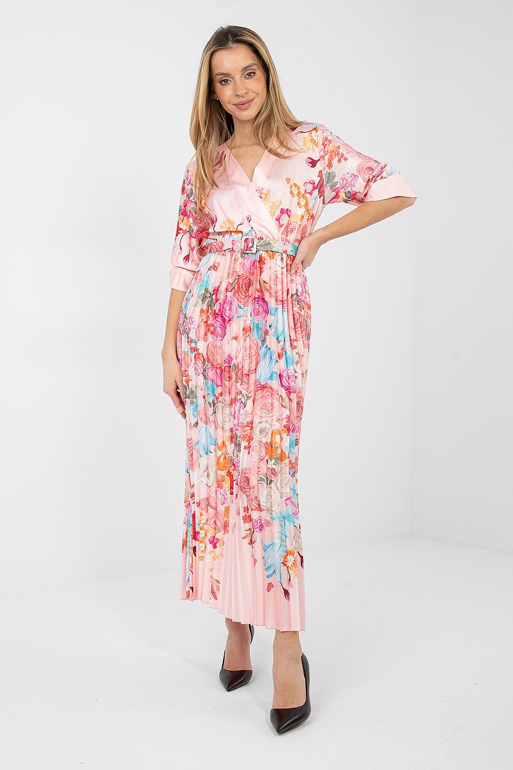 Pink floral daydress with puff sleeves, pleated skirt and waist tie belt