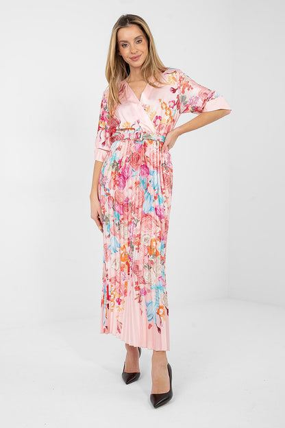 Pink floral daydress with puff sleeves, pleated skirt and waist tie belt