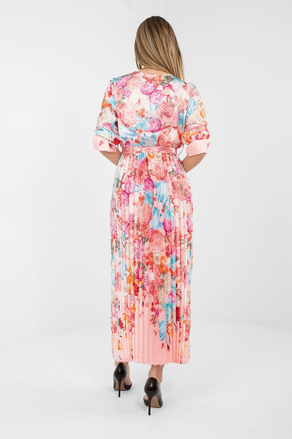 Pink floral daydress, back view with long pleated skirt and waist tie belt