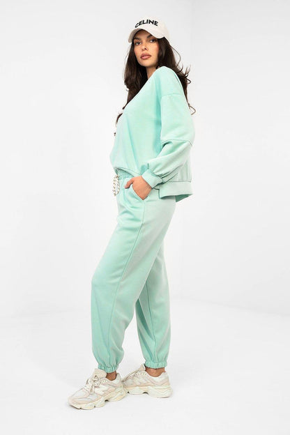Mint sweatshirt and jogger set, side profile with elastic hems