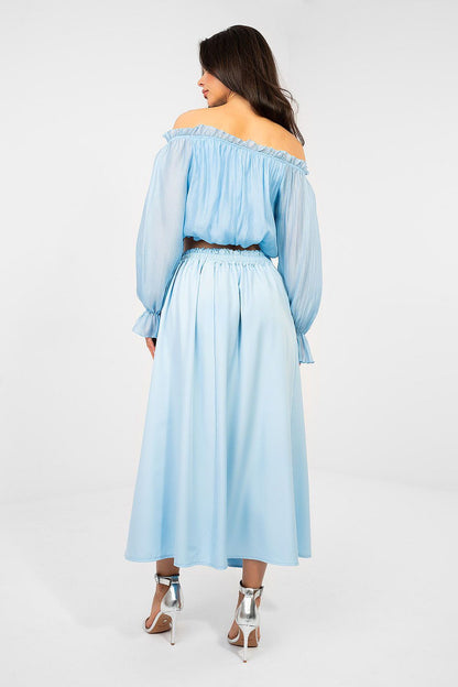 Light blue midi skirt with elastic waist and gathered yoke at back