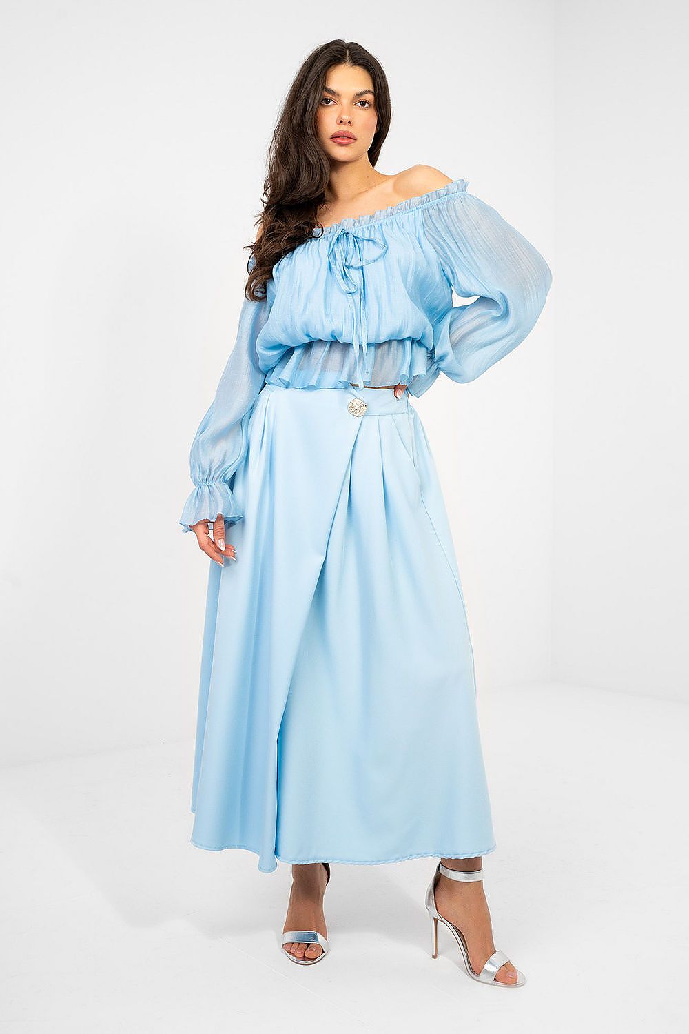 Light blue midi skirt with gathered waistband and subtle pleats