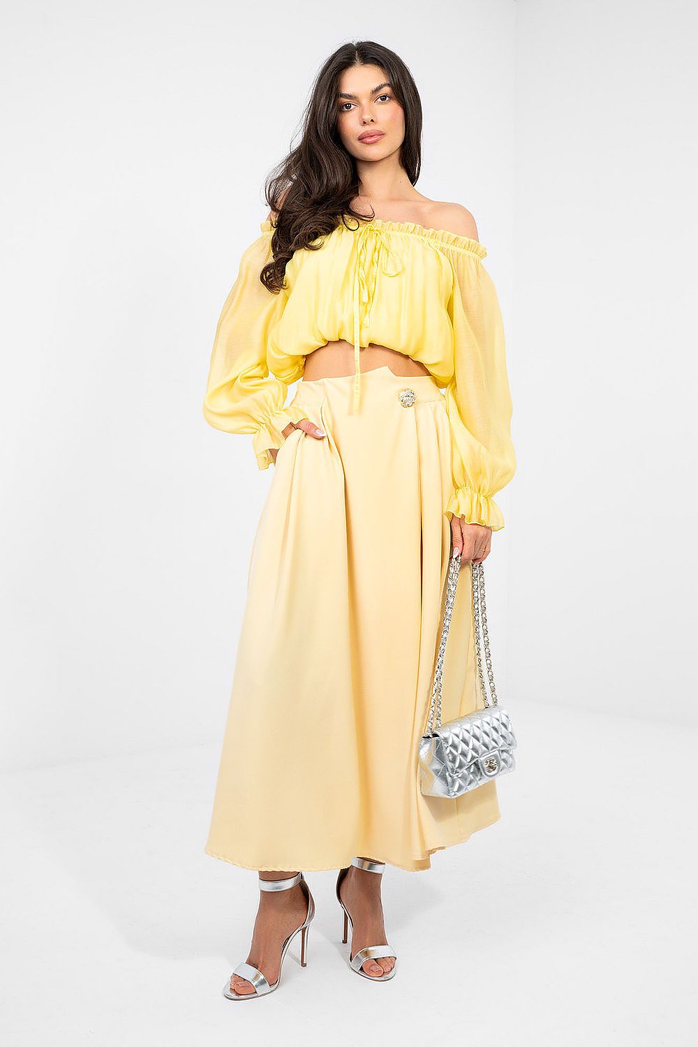 Yellow midi skirt with elastic waistband and full A-line shape