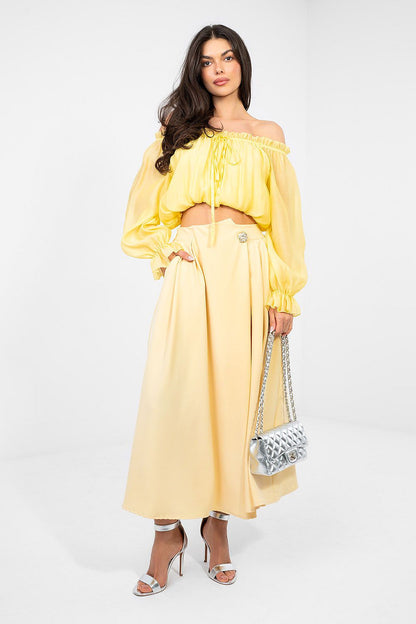 Yellow midi skirt with elastic waistband and full A-line shape