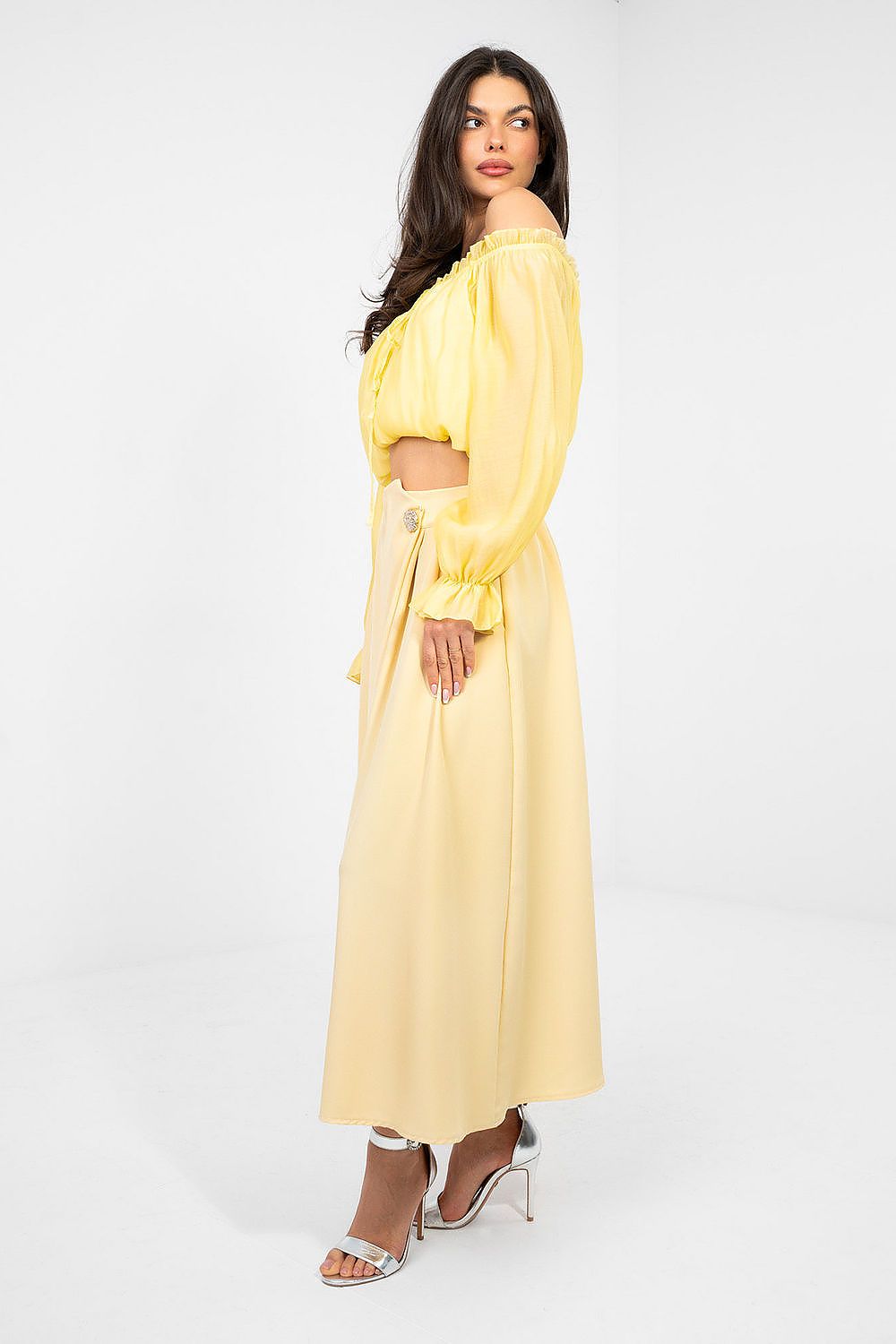 Yellow midi skirt with gathered waist and flowing straight A-line fit