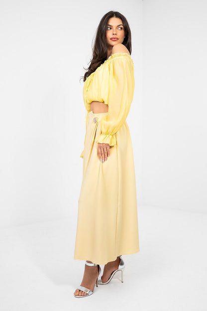 Yellow midi skirt with gathered waist and flowing straight A-line fit