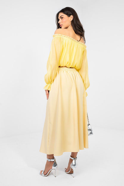 Yellow midi skirt with elastic waistband and gathered back detail