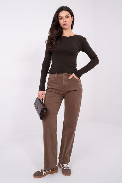 Brown fitted long-sleeve blouse with round neckline