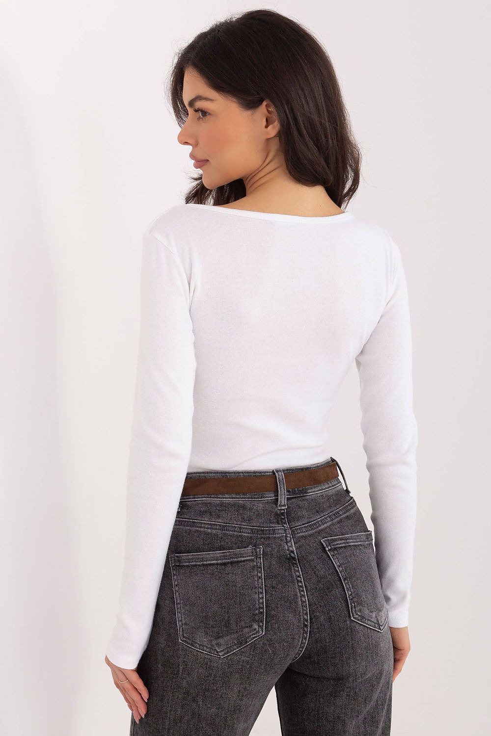 White long-sleeve blouse, back view, with smooth scoop neckline