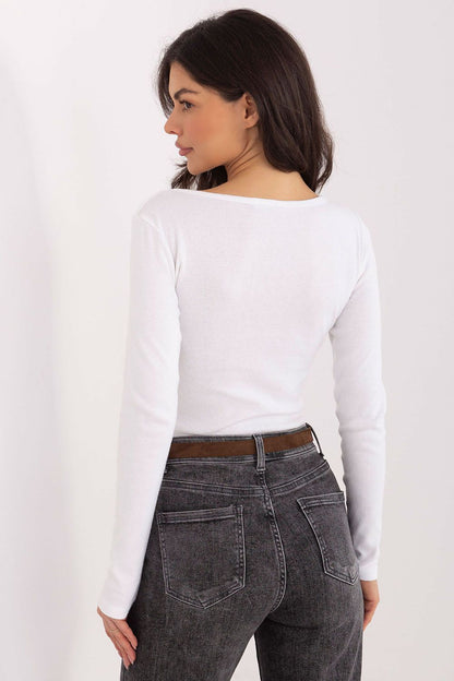 White long-sleeve blouse, back view, with smooth scoop neckline