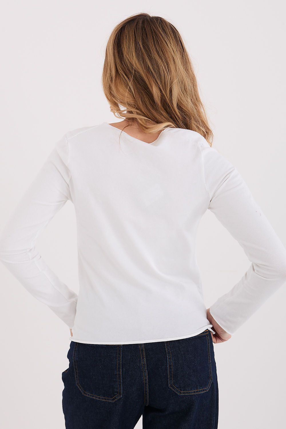 Long-sleeve blouse, white, back view with round neckline