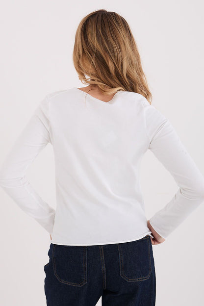 Long-sleeve blouse, white, back view with round neckline