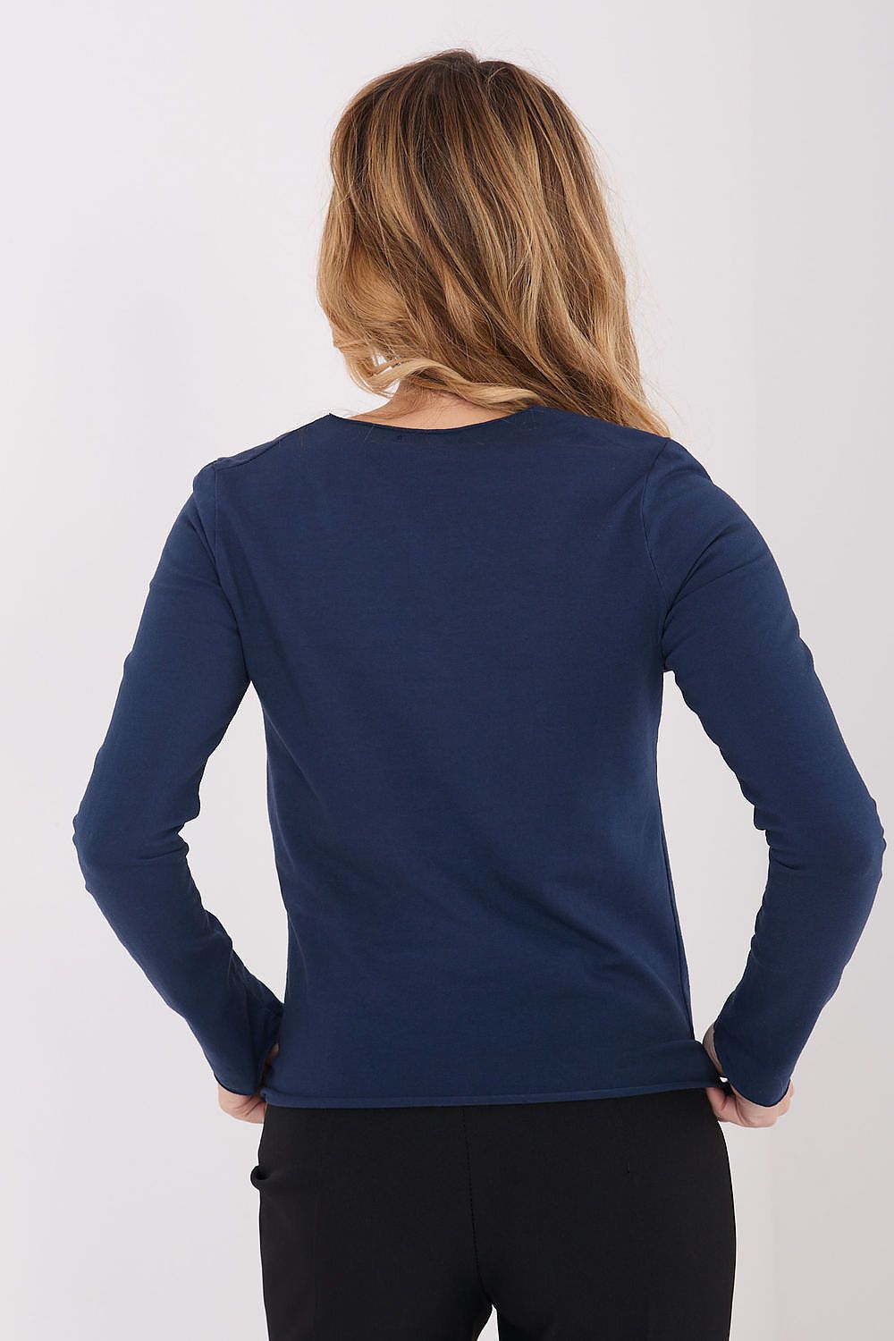 Long-sleeve blouse, navy, back view with round neckline