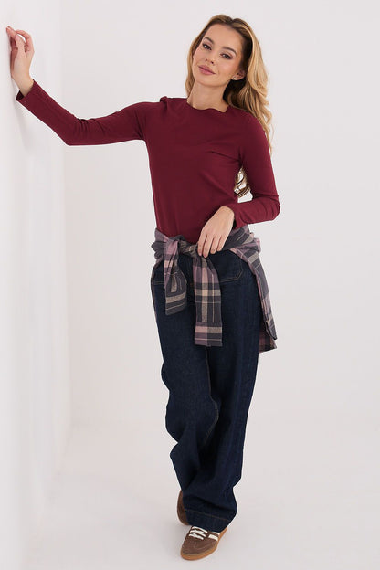 Long-sleeve blouse, burgundy, crew neck and long sleeves