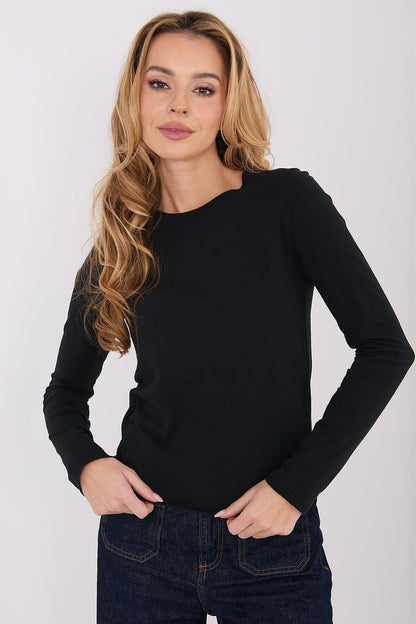 Black long-sleeve crew-neck blouse with a smooth, fitted silhouette.