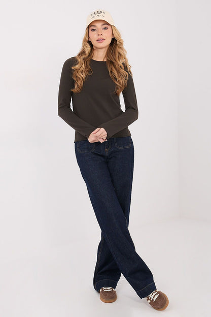 Dark brown long-sleeve crew-neck blouse with a simple, fitted design.