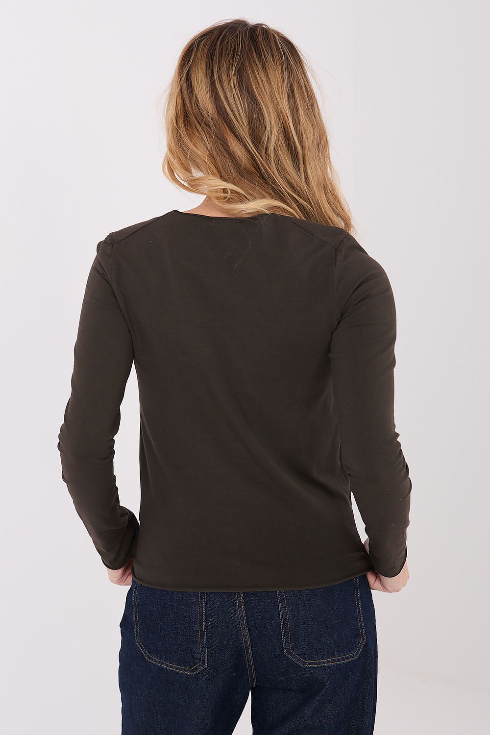 Dark brown long-sleeve crew-neck blouse, back view with smooth fitted cut.