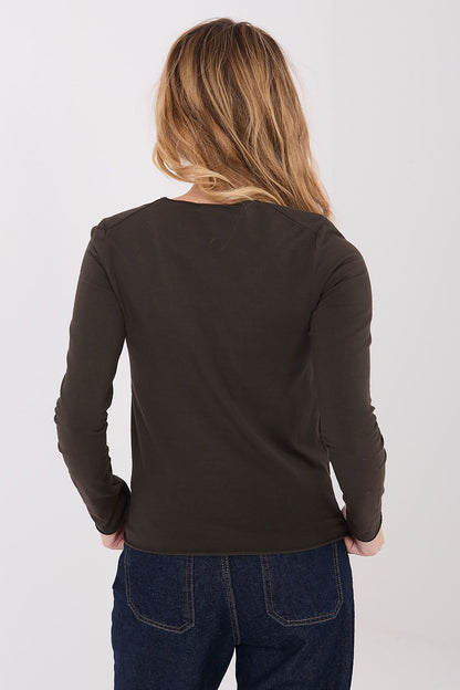 Dark brown long-sleeve crew-neck blouse, back view with smooth fitted cut.