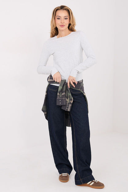 Light gray long-sleeve crew-neck blouse with a simple fitted design.