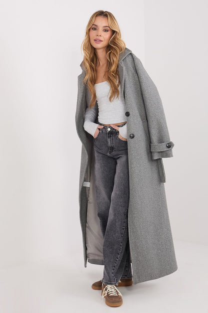 Grey long-sleeve square-neck fitted blouse under long coat