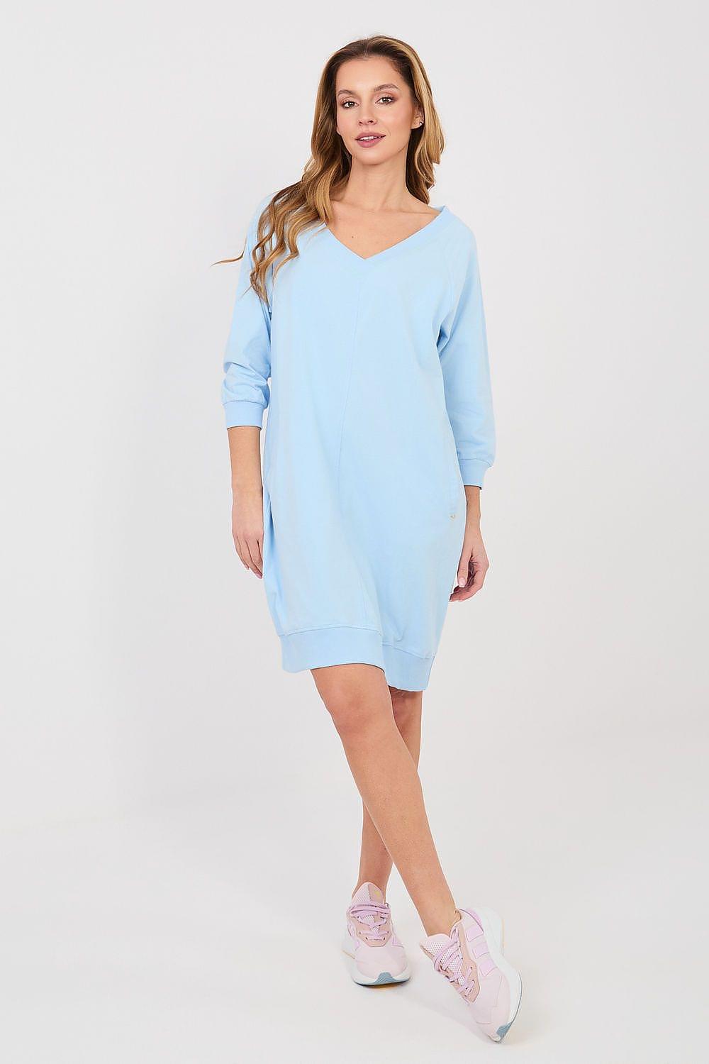Light blue V-neck daydress with 3/4 sleeves and straight above-knee cut