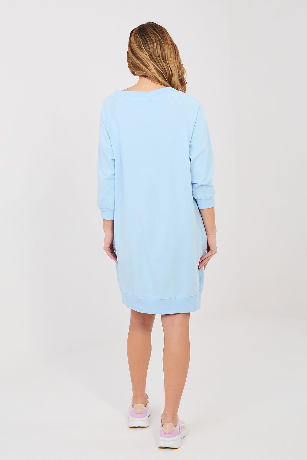 Light blue V-neck daydress with 3/4 sleeves, shown from the back