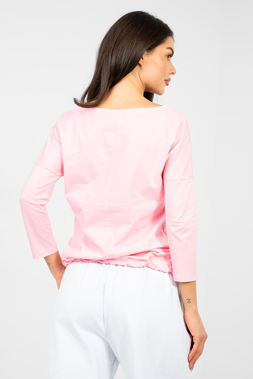 Pink blouse with round neckline and 3/4 sleeves, back view