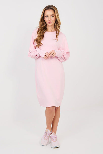 Light pink daydress with square neckline and gathered long puff sleeves, knee length