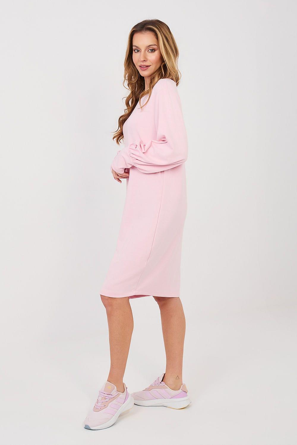 Light pink daydress, long puff sleeves with elastic cuffs, straight knee-length cut
