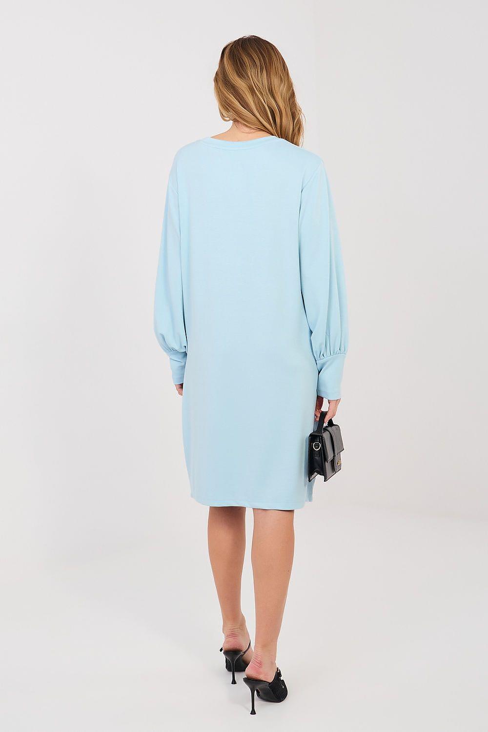 Light blue daydress back view with long sleeves and elastic cuffs, knee-length hem