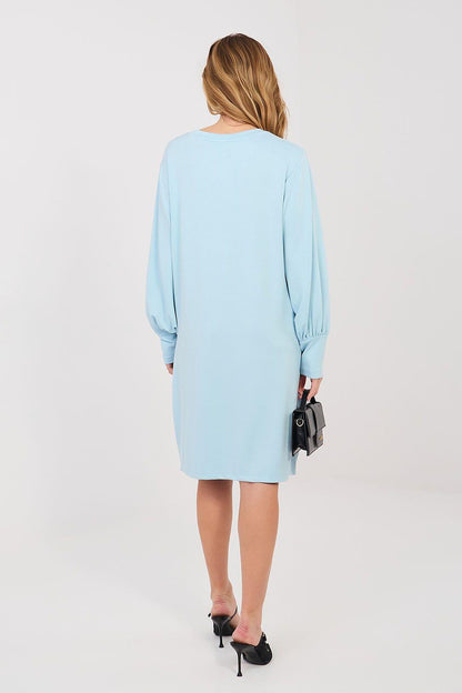 Light blue daydress back view with long sleeves and elastic cuffs, knee-length hem