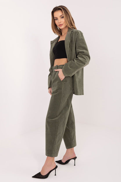 Corduroy trousers, olive green, wide-leg with front pockets