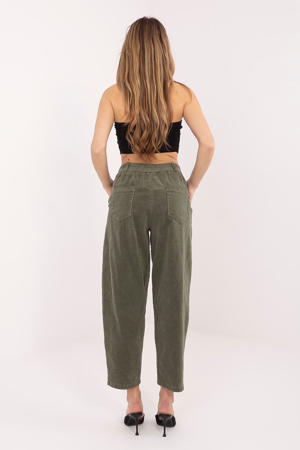 Corduroy trousers, olive green, back view with two back pockets
