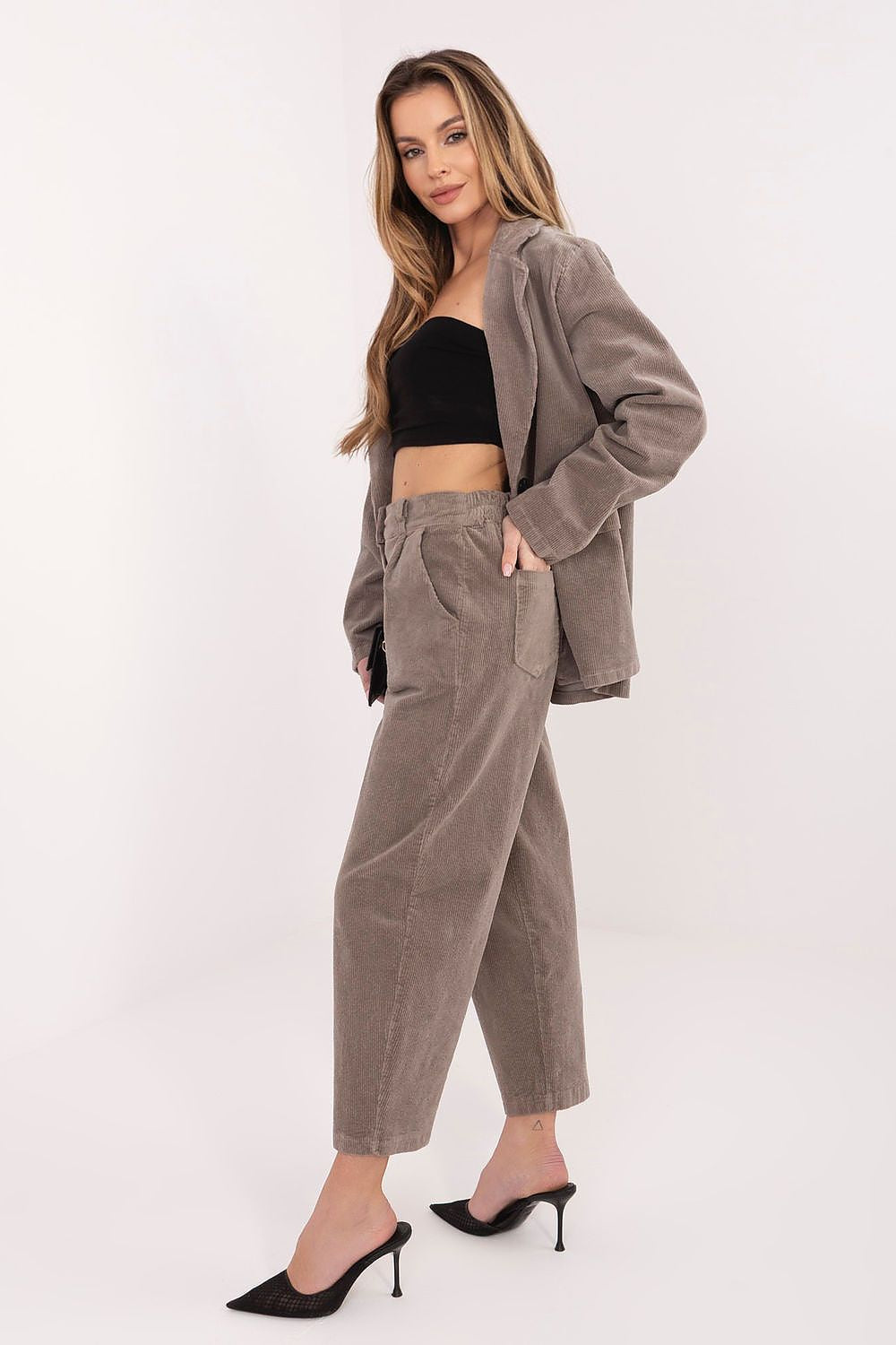 Corduroy trousers, taupe, wide-leg ankle-length with front pockets