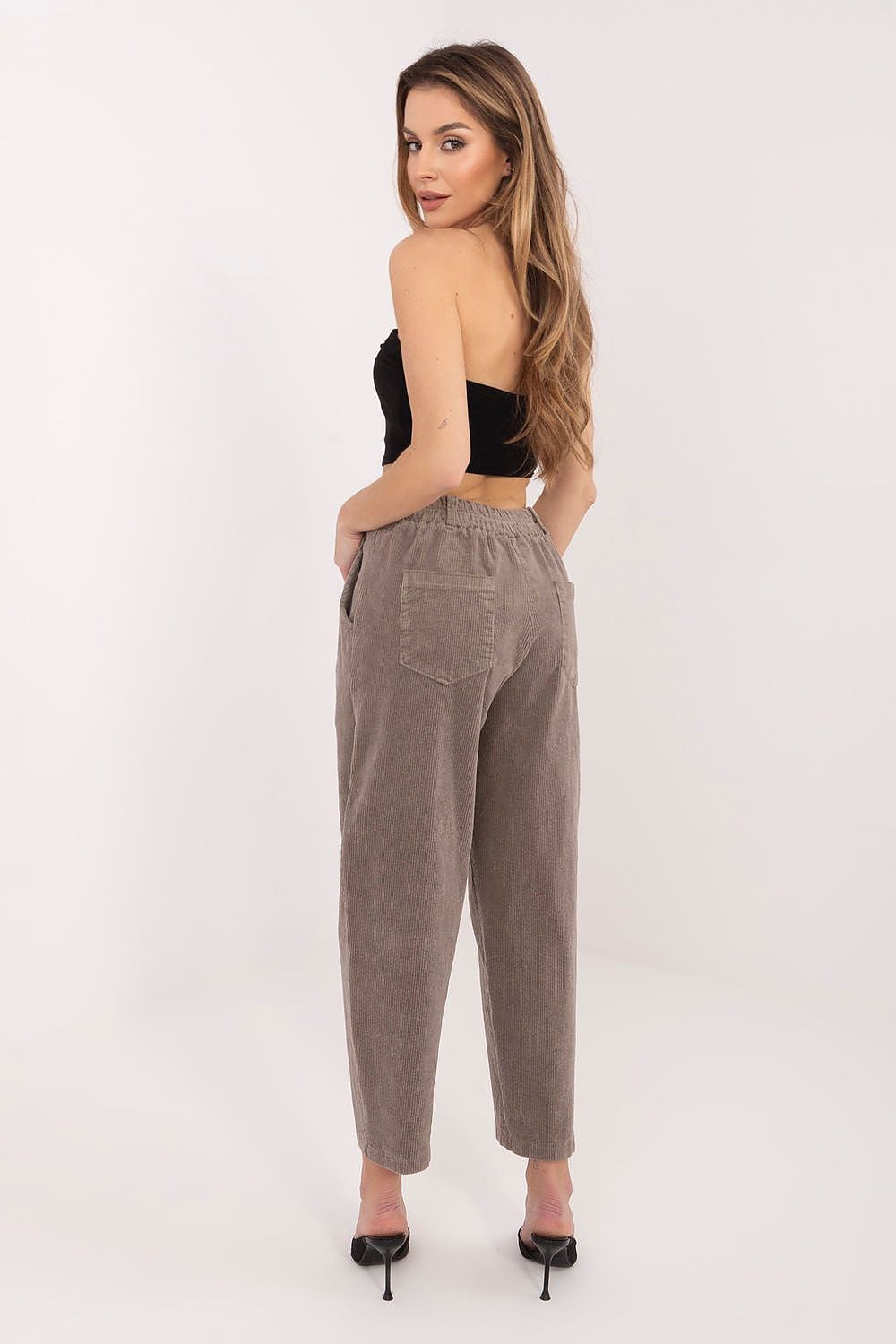 Taupe corduroy high-waist trousers with pleat front and button closure, cuffed hem