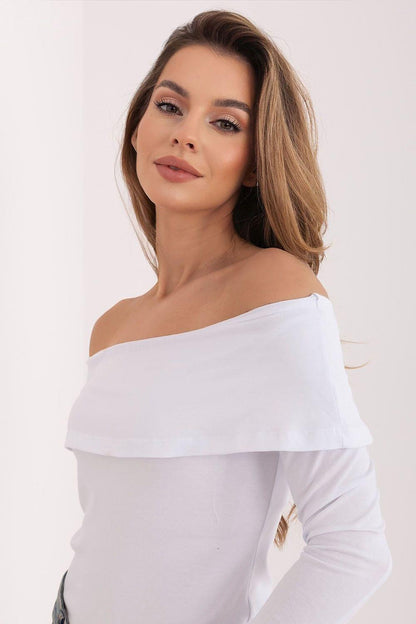 Off-shoulder long-sleeve blouse, white, layered drape neckline