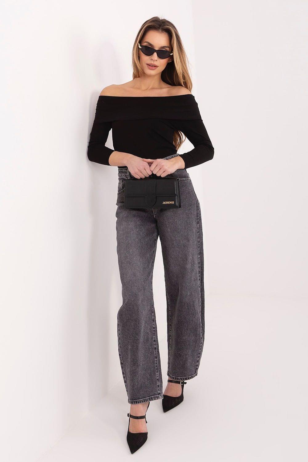 Rue Paris black off-shoulder blouse with long sleeves and draped neckline