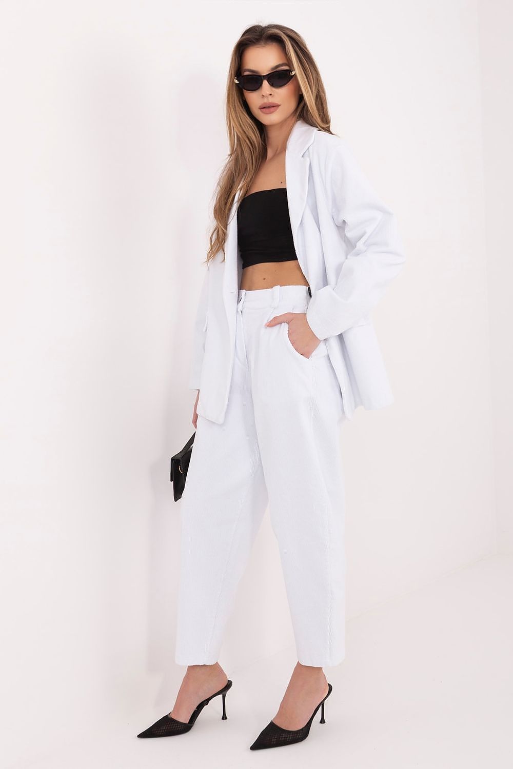 Corduroy trousers, white, high-waist wide-leg