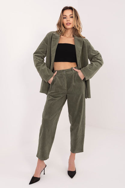 Corduroy trousers, olive green, high-rise wide-leg with front pockets