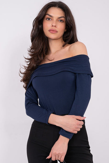 Navy blue off-shoulder blouse with long sleeves and draped neckline