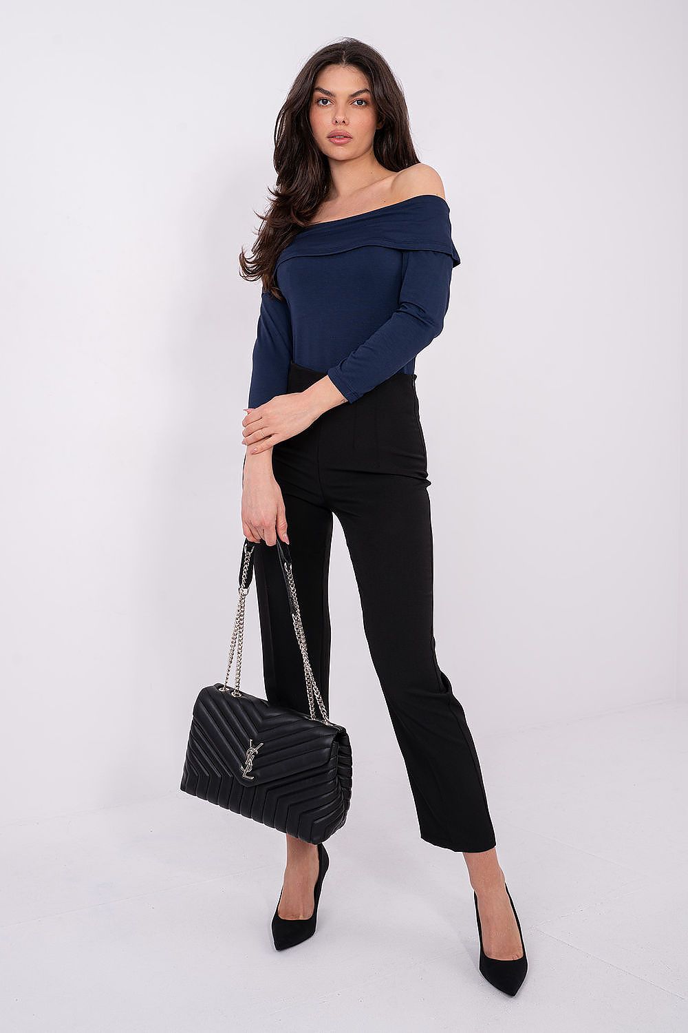 Navy blue off-shoulder blouse with long sleeves, fitted waist and draped neckline