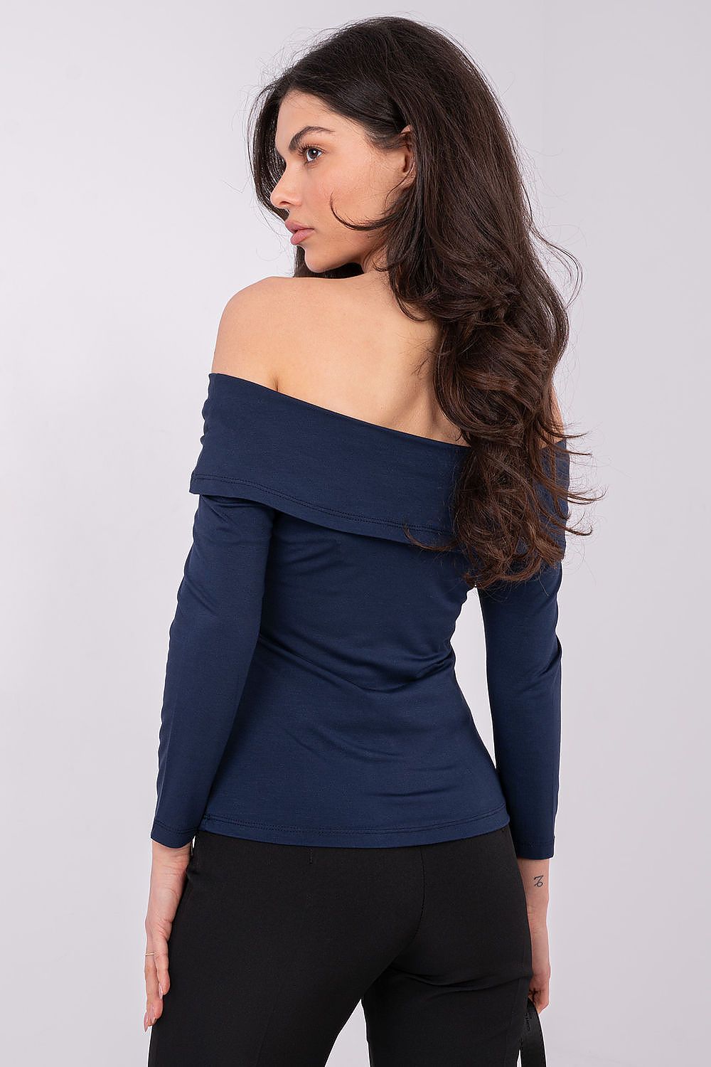 Navy blue off-shoulder blouse with long sleeves and ruched front detail