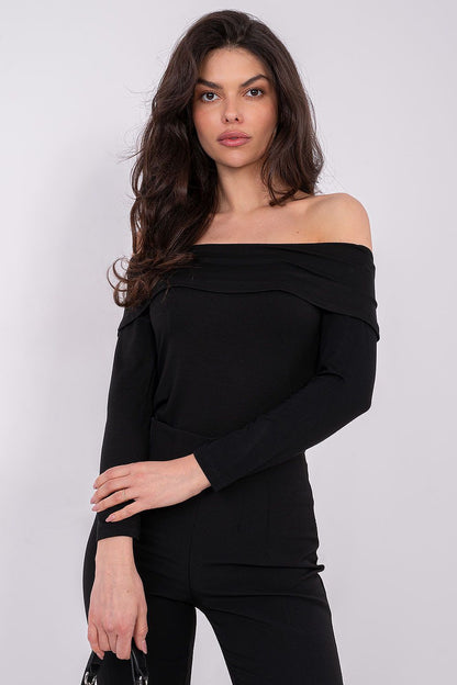 Black off-shoulder blouse with long sleeves and draped neckline