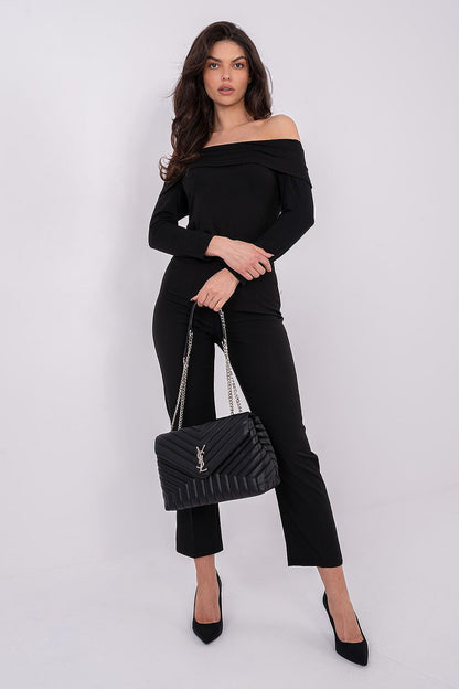 Black off-shoulder blouse with long sleeves, fitted waist and draped neckline
