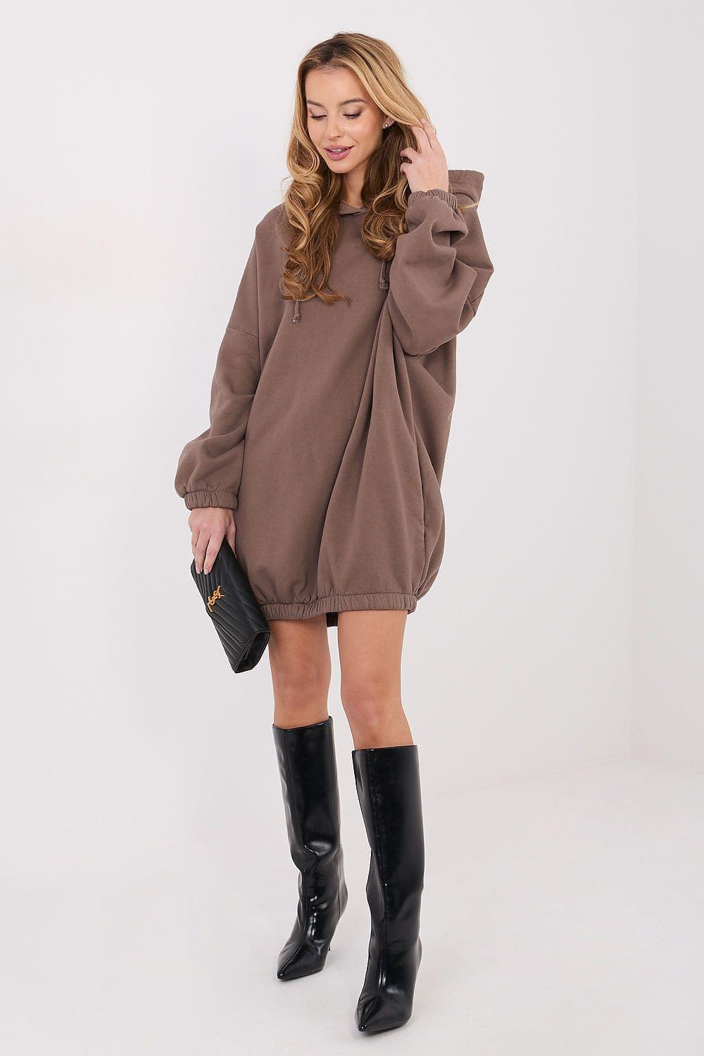 Brown hoodie daydress with hood, long sleeves, and gathered hem