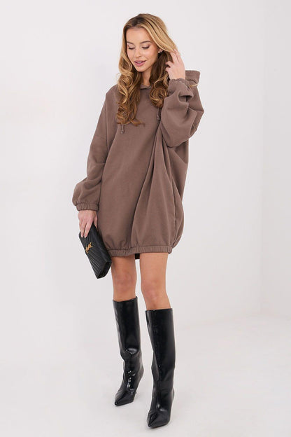 Brown hoodie daydress with hood, long sleeves, and gathered hem